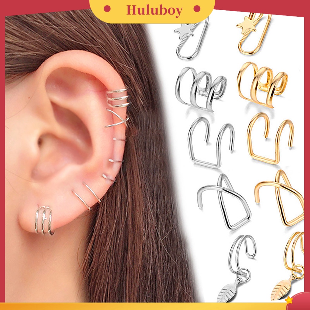 Hu Hu Hu Hu Hu Alat Bantu Pasang Kacamata♡ 7pcs / Set Anting Klip Bentuk Bintang Daun Bahan Alloy