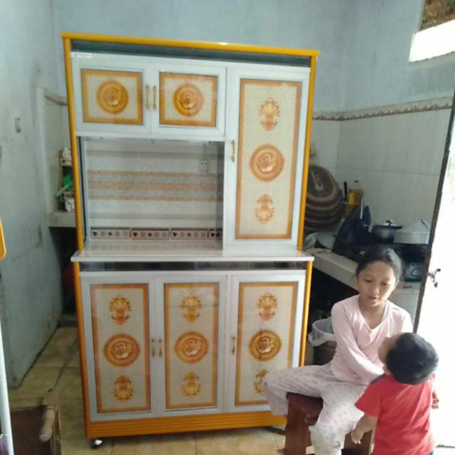 Rak Piring 3 Pintu Gendong Kaca Lukis Full Colour + Roda jumbo Tiang Besar (promo Harga)