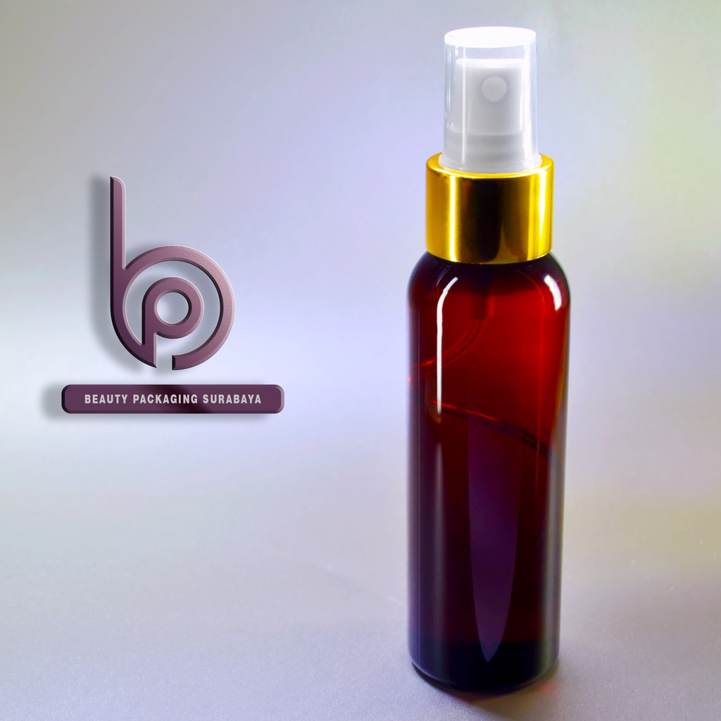 Botol plastik PET 100ml BR coklat amber tutup spray gold