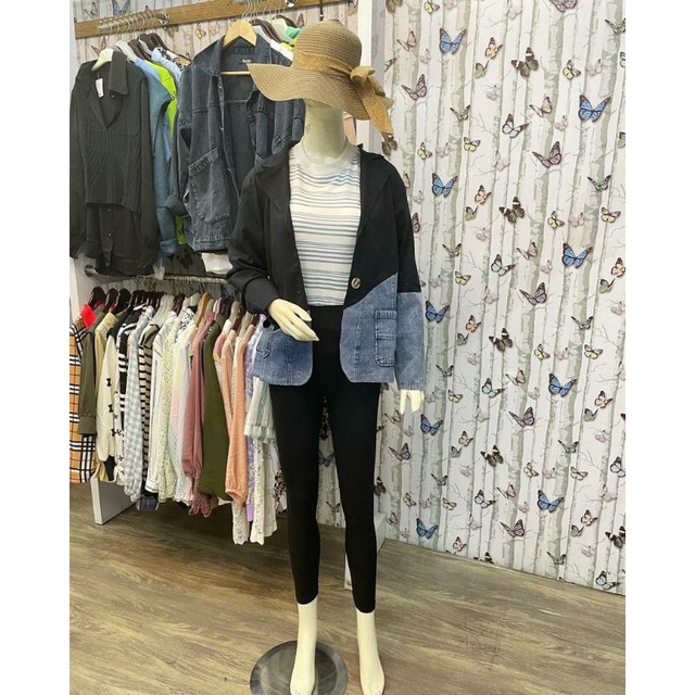 BLAZER DENIM KOMBINASI KATUN POLOS / BLAZER TWO TONE DENIM WITH POCKET