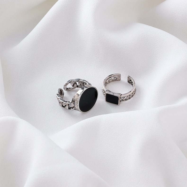 Cincin Model Terbuka Dua Lapis Bentuk Persegi Geometris Warna Hitam Gaya Jepang Dan Korea