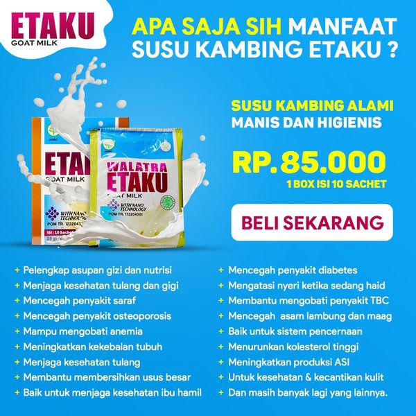 

Susu Penambah nafsu makan Tumbuh Kembang Anak Herbal Nutisi Ibu Menyusui Nutrisi, Ibu Hamil, Obat Penambah Nafsu Makan Anak Ibu Menyusui | WALATRA ETAKU GOAT MILK 100% Asli Susu Etawa Original Bagus Untuk Menjaga Kesehatan (1box isi 200 gr)