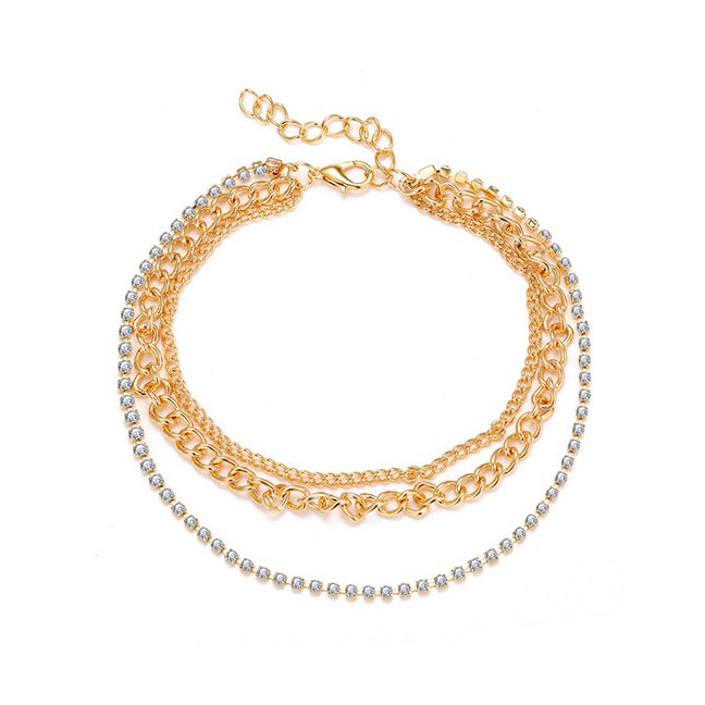 LRC Gelang Kaki Fashion Golden Set Of Three-layer Anklet With Diamonds D98357