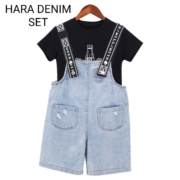 HARA SET DENIM / BAJU SETELAN JUMPSUIT ANAK PEREMPUAN KOREA / SET CELANA KODOK ANAK / CELANA MONTIR