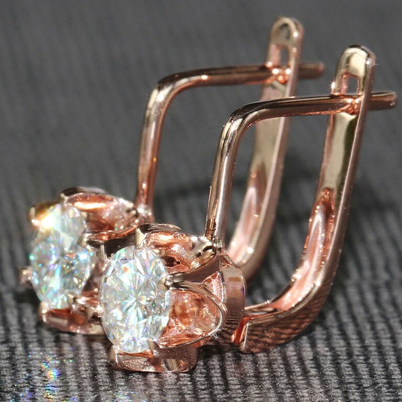 Anting Hoop Bentuk Bunga Warna Rose Gold Aksen Cubic Zirconia Untuk Wanita