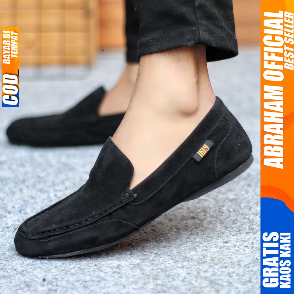 Sepatu Slip On Pria Sepatu Casual Pria Suede Kerja Kantor Kuliah Kondangan Sepatu Slop Pria Sepatu Hitam Pria MOODMAX ABRAHAM