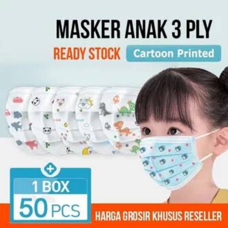 masker anak 3play earlop motif gambar karakter  1 box isi 50