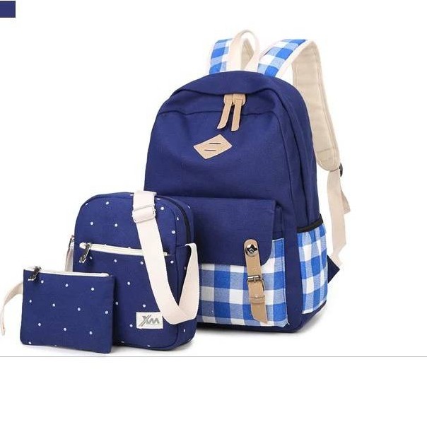 Tas Sekolah untuk Anak Perempuan Anak Laki-laki Sekolah Dasar Ransel Besar Nilon Kartun Cetak Kotak-Navy blue