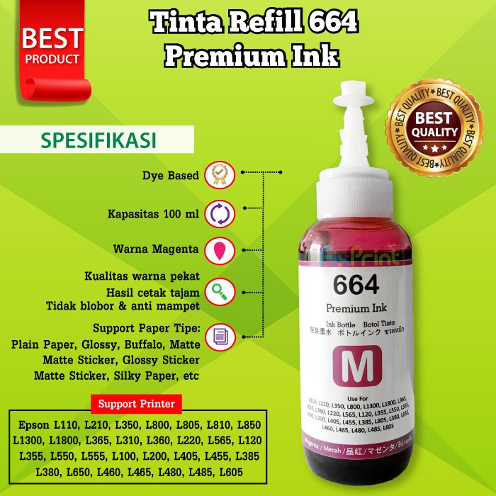 Tinta Refill Isi Ulang Botol EPSN 664 Tinta Printer T664 L100 L110 L120 L200 L210 L121 L360 L365 L385 L455 L550 L555 L565 L1300 Premium Ink