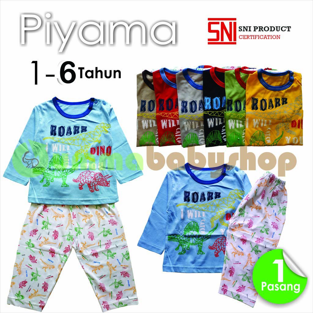 Piyama Anak Lengan Panjang Baju Tidur Anak Bahan Kaos Katun Laki Cowok Setelan Pakaian 1-6 Tahun