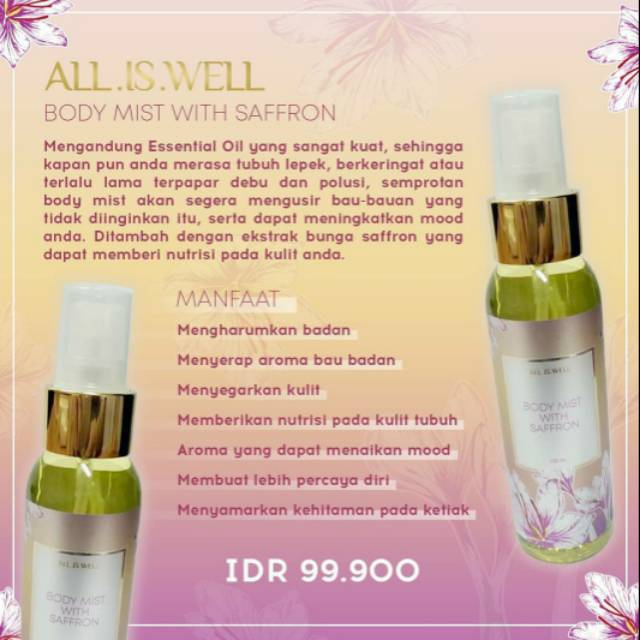 BODY MIST WITH SAFFRON BY dr TATA - ALL.IS.WELL INDONESIA (Klinik Dermapro Jakarta)