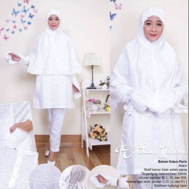 Baju  stelan ihrom haji umroh wanita bahan katun paris full set