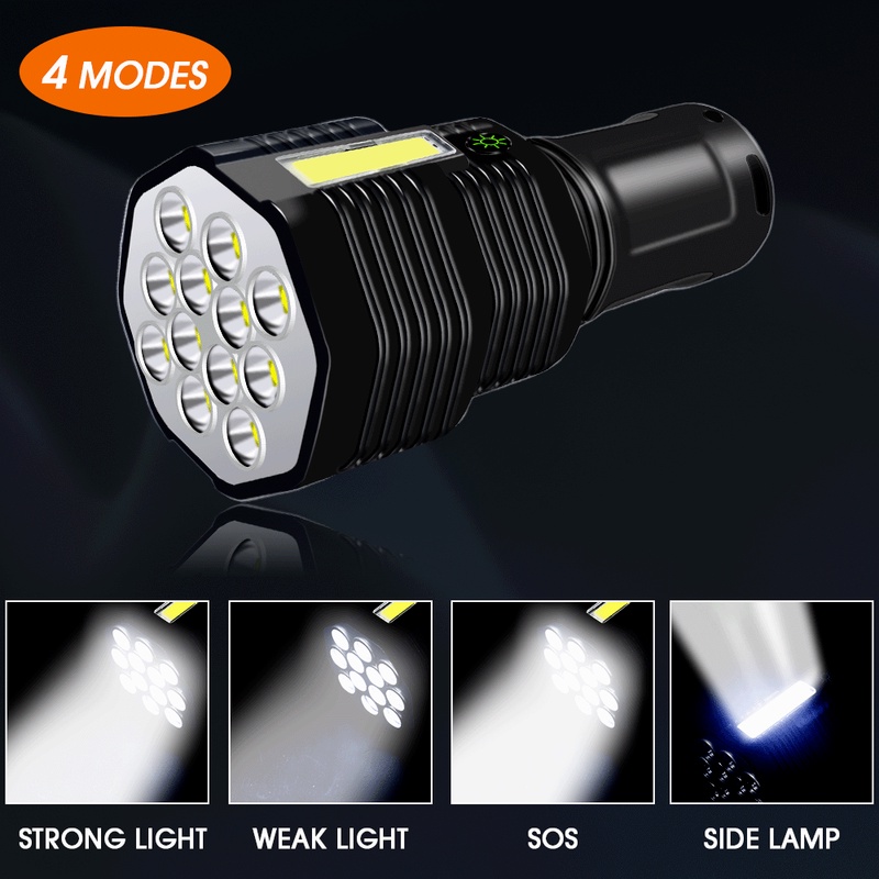 Lampu Senter 12-LED USB Rechargeable Bentuk Bulat 4-mode Adjustable Anti Air Untuk Outdoor