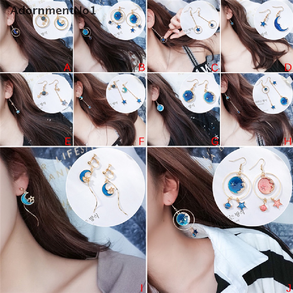 (AdornmentNo1) Anting Gantung Panjang Tusuk Motif Bulan + Bintang + Planet Biru Untuk Perhiasan Wanita