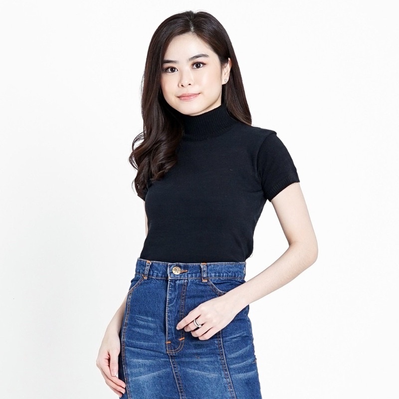 worldshop - Atasan Rajut Wanita Turtleneck - Kerah Tinggi Lengan Pendek - Knit Premium