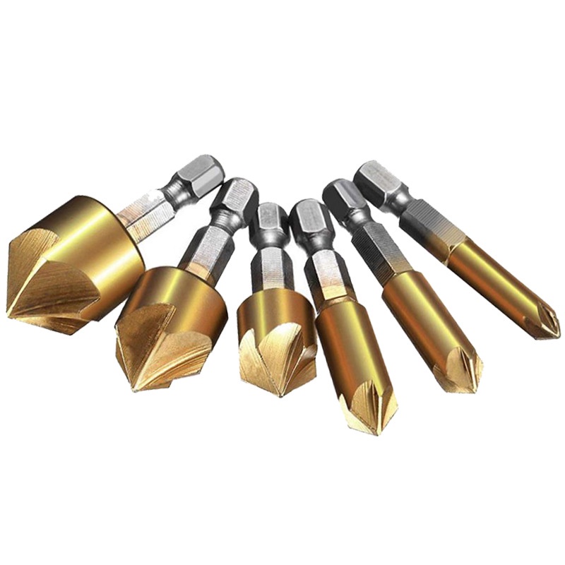 6pcs Chamfer Countersink Set Chamferring Tool Hexagonal Shank Titanium Coated Five Flutes Countersink Drill Bit