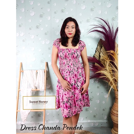 Sweet Honey ~ Dress Chanda Canda Kerut Jumbo Rayon Bali LD 120cm Dress Midi Motif Bunga Mawar Vanessa Fuji Worm