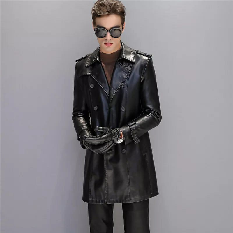 JAKET PRIA LONG COAT KULIT SINTETIS JUBAH STYLE KOREA JAKET MUSIM DINGIN DAN HANGAT