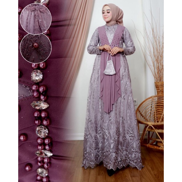 SatriaStore08 / Gamis Najwa Original / Dress Brokat Tulle Mix Selendang Cerutty Didada Kombinasi Pay