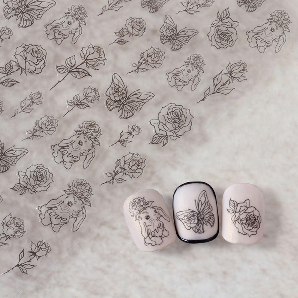 Mxbeauty Rose Nail Art Stiker Hitam Kupu-Kupu Kelinci Aplikasi Manikur Aksesoris