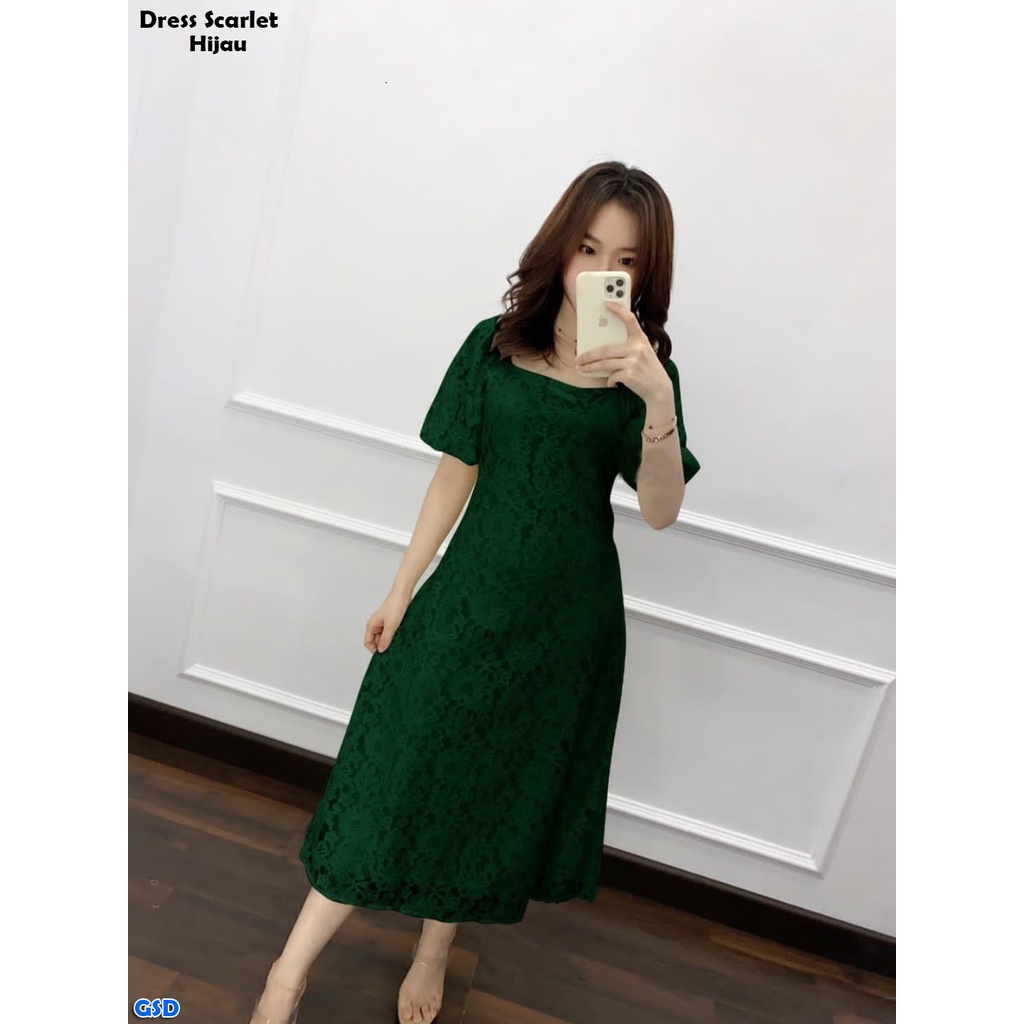 Scarlet/Gaun Pesta Wanita  Dress Asli Baju Natal Casual Bahan Brukat Corneli Lapis Furing