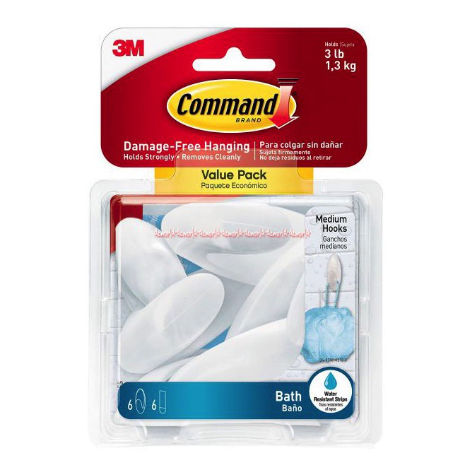 3M Command Bath Nano Medium Hook Gantungan Untuk Kamar Mandi Isi 6 Pengait Dinding