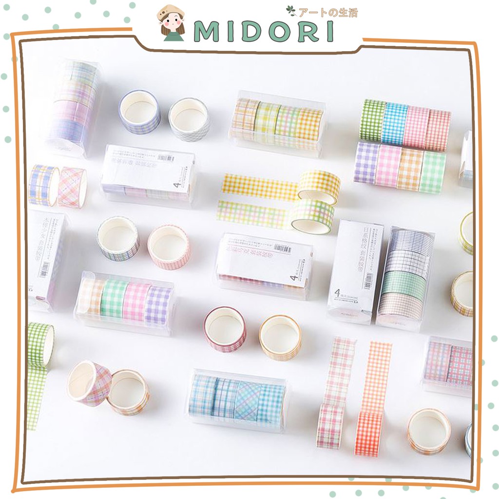 

[MIDORI] 4 Rolls GRID PATTERN Washi Tape Deco Masking Tape Jurnal DIY Scrapbook Solatip - A0011