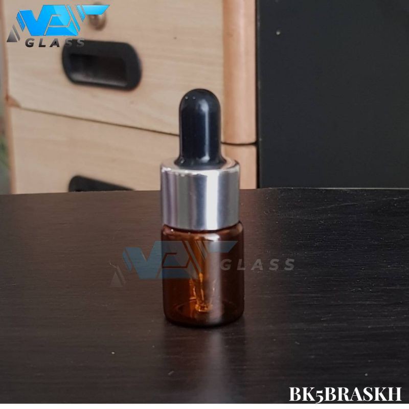 botol kaca pipet 5ml coklat / amber - ring almunium silver