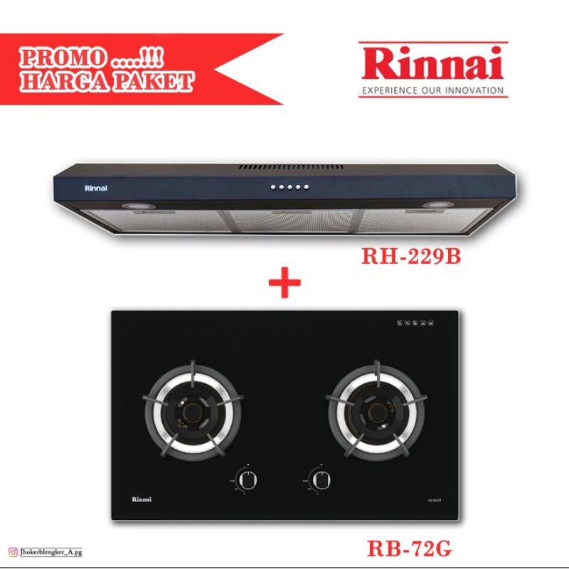 Paket Kompor Rb 72 G dan Cookerhood Rinnai Rh 229 B