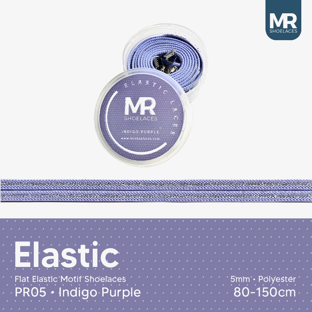 Original MR Shoelaces PR05 Elastic Indigo Purple Tali Sepatu Flat Elastis (Karet Lentur) with Metal Clip / Lock 80cm 100cm 120cm 150cm - Premium Shoelace