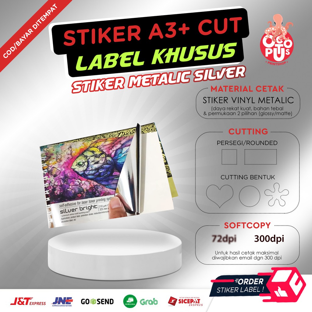 

CETAK STIKER SILVER / METALIC MATTE DAN GLOSSY A3+ CUT