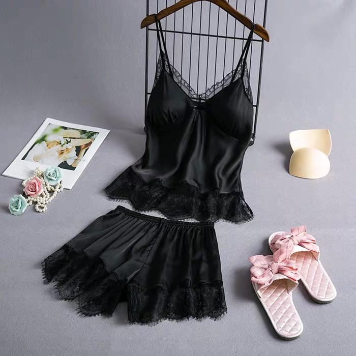 Lingerie Sexy Seksi Wanita Dewasa sleepwear Tanktop dan celana Pendek satin SV-74-HITAM
