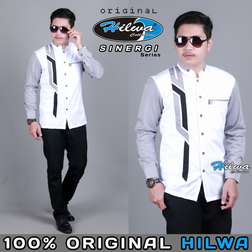 [BEST SELLER] HILWA COLLECTION Baju Koko Pria Dewasa Lengan Panjang Motif Sinergi Warna Putih Abu Bahan Katun Toyobo Original