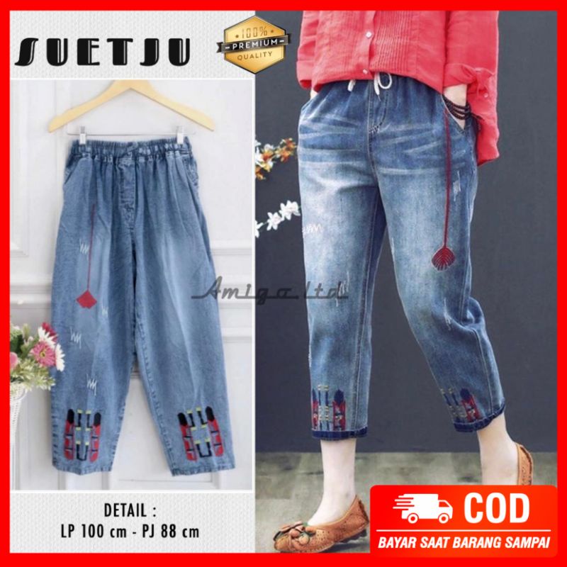 ruju pant Fit to L - XL / celana jeans bordir wanita best seller / celana korea wanita