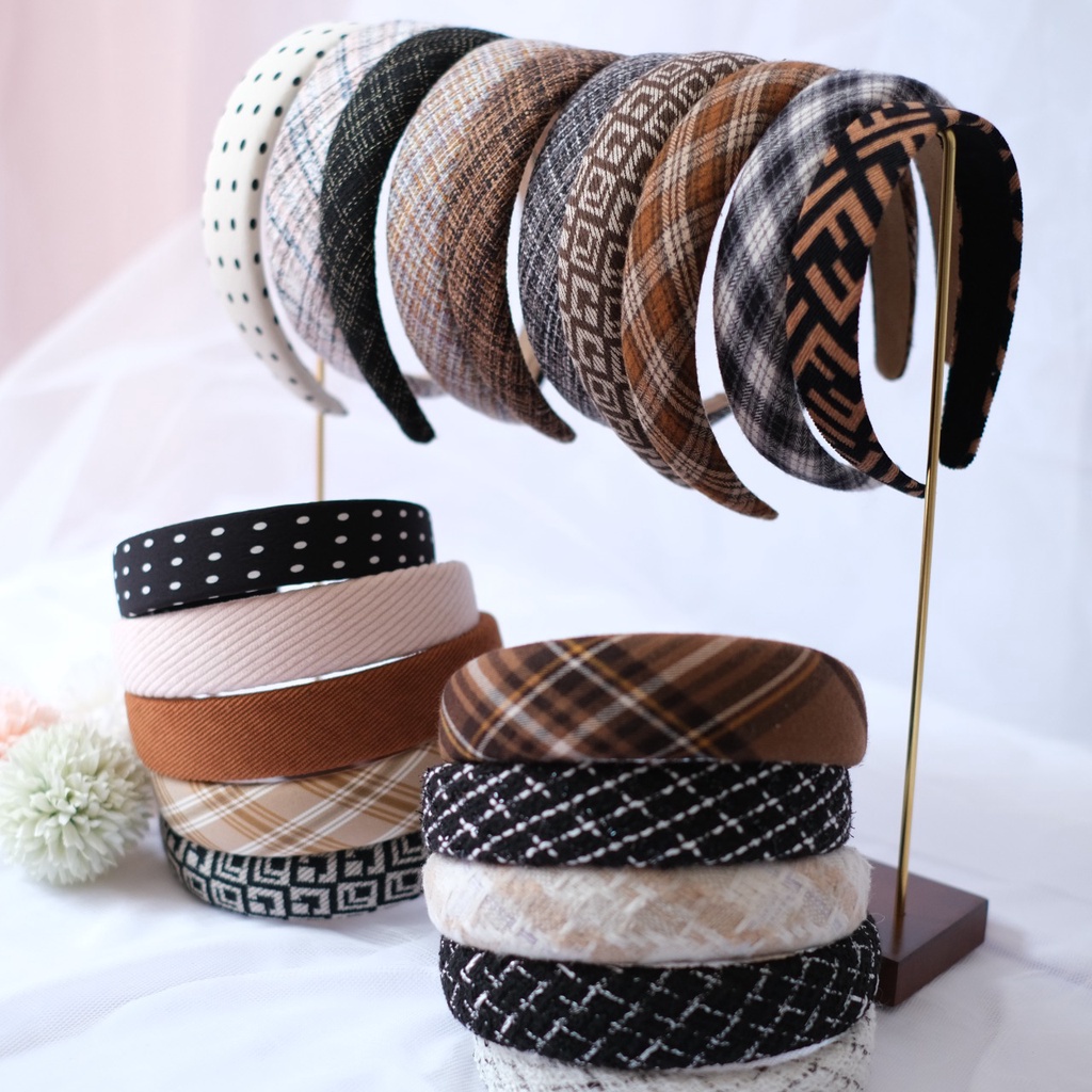 Bando Bandana Trendy Korea Bando Rambut Poni Wanita Polos Tweed Motif