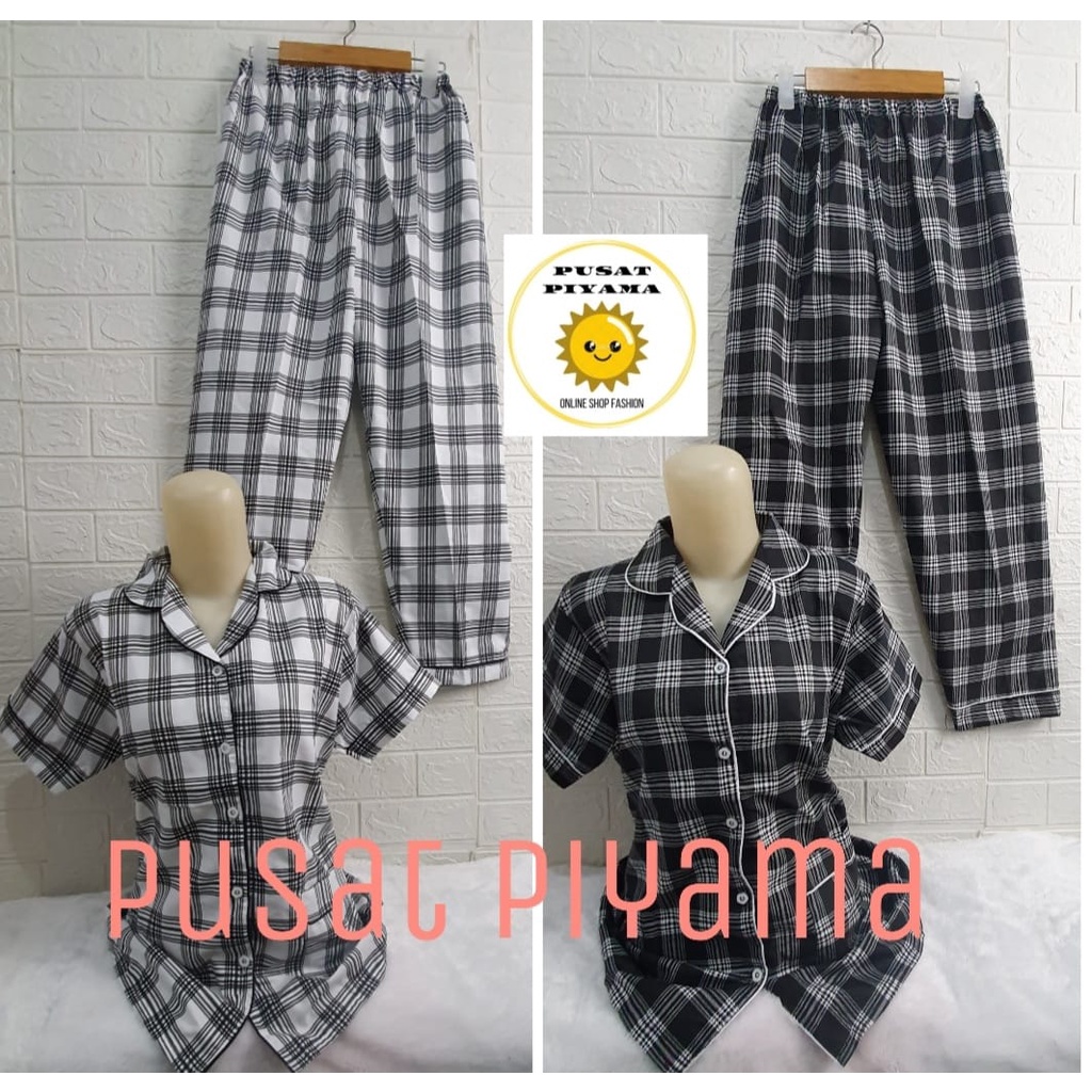 Baju Tidur Piyama Wanita Motif Kotak Pajamas Cewek Korea Kekinian Daily Set Katun Oslin