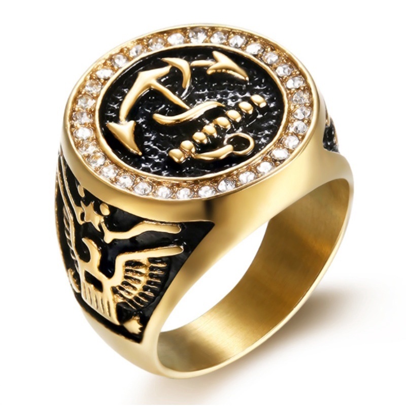 Stainless Steel Men Diamond Edge Eagle Marines Anchor Ring