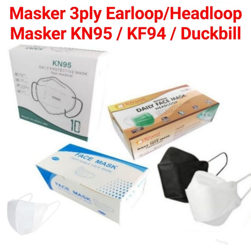 Masker 3ply/Face Mask Isi 50 / KN95 / KF94 / Duckbill /anti virus/ earloop Kemenkes / hijab headloop