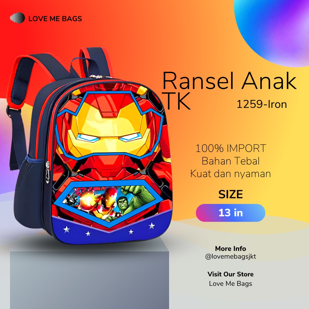 LMB Tas Anak Laki Laki TK Sekolah Import Premium Kualitas Gambar Karakter Superhero Timbul 6D Bahan Nilon Tebal Anti Air