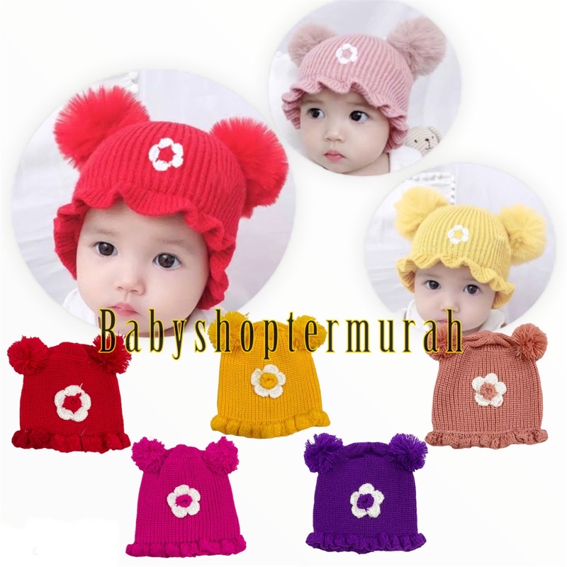 Topi Bayi Pom pom Renda Bermotif Bunga / Kupluk Anak Pompom Renda Motif Bunga