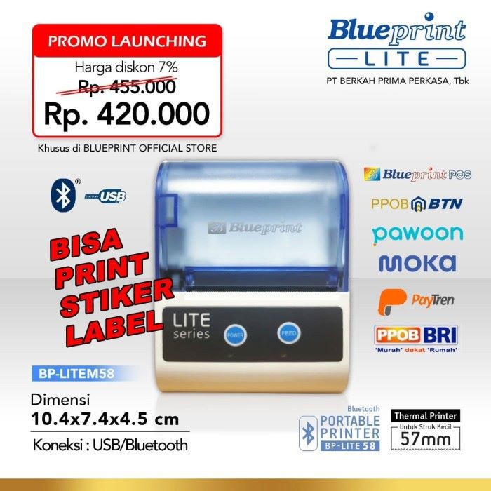 Printer thermal blueprint Usb bluetooth 58mm label barcode PPOB kasir pos receipt bp-lite58 lite 58