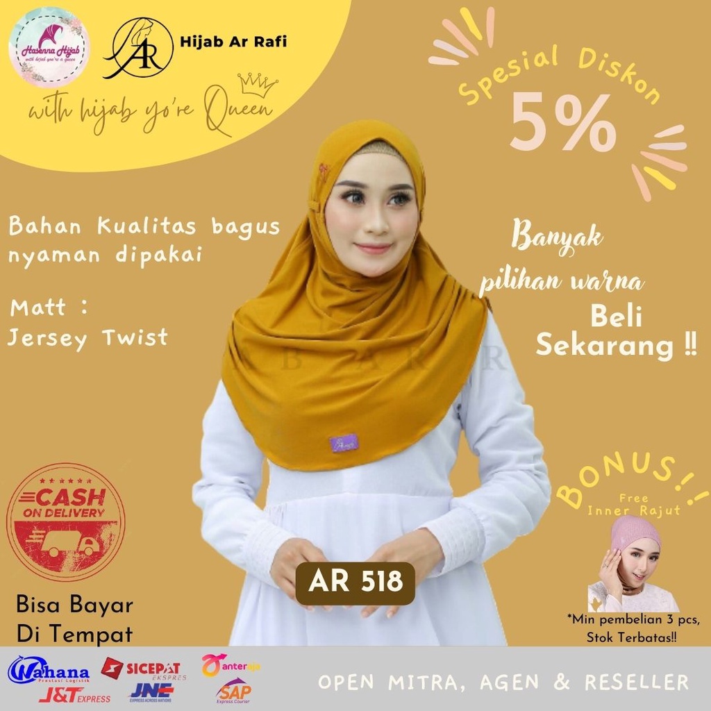 Arrafi Bergo Terbaru Olahraga Sport Pendek Jersey Premium Polos AR 518 Hijab Bergo Non Pet