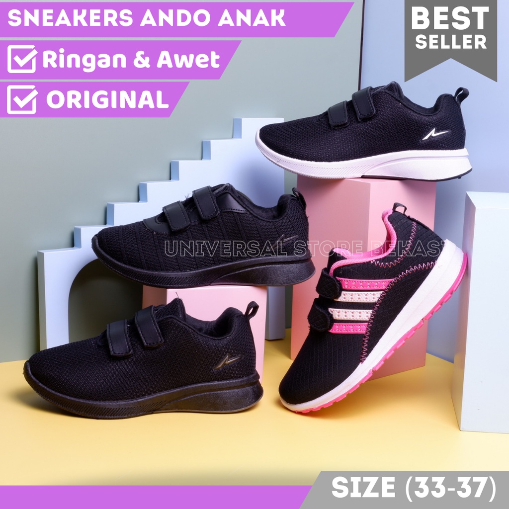 sepatu anak sekolah ando zora hitam pink tali spatu skolah anak perempuan olahraga sd smp sma