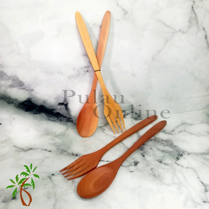 Set Sendok Garpu Makan Saji Kayu Sawo | Wooden Cutlery Spoon | Alat Makan Kayu - Pulau Online