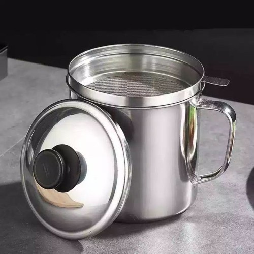 (COD) Mug &amp; Saringan Minyak/Oil Pot Stainlees 12cm filter 3 IN 1 Oil Pot Wadah Saringan Minyak Stainless Steel 1.3L / Gelas Saringan Minyak / Tempat Saringan Minyak Anti Karat Premium | Stainless Steel Kitchen Oil Pot MURAH