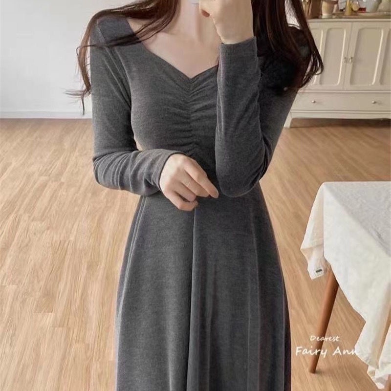 korean style pure desire French dress long sleeve V-neck waist-slimming long dress