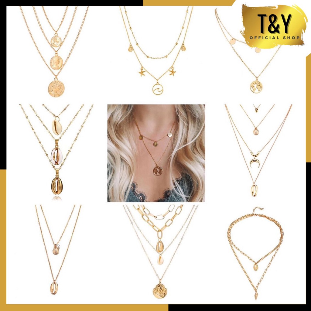 T&amp;Y Kalung Rantai Multi Layer Liontin Kerang untuk Wanita Necklace Ala Korea Murah Import