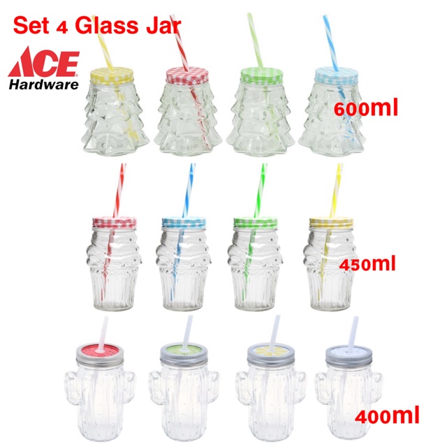 Set 4 Glass Jar dengan Sedotan