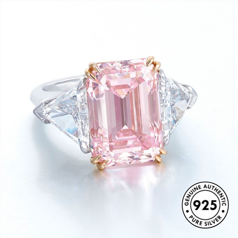 Cincin S925 Silver Bentuk Kotak Aksen Berlian Warna Pink