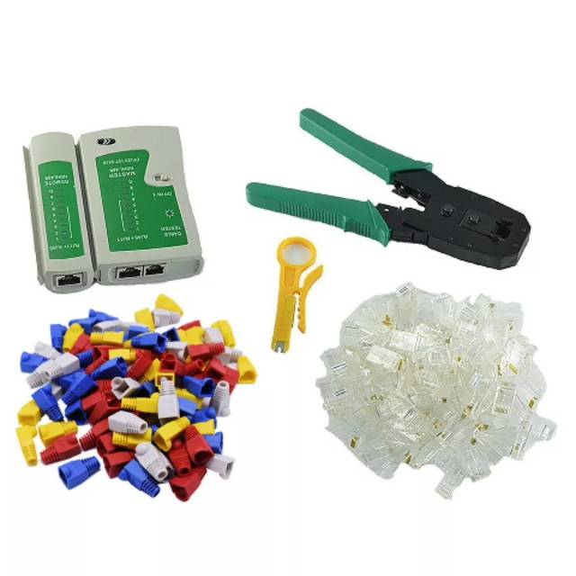 PAKET BUNDLING LAN TESTER + CRIMPING TOOL + KONEKTOR RJ45 + PLUG BOOT 100